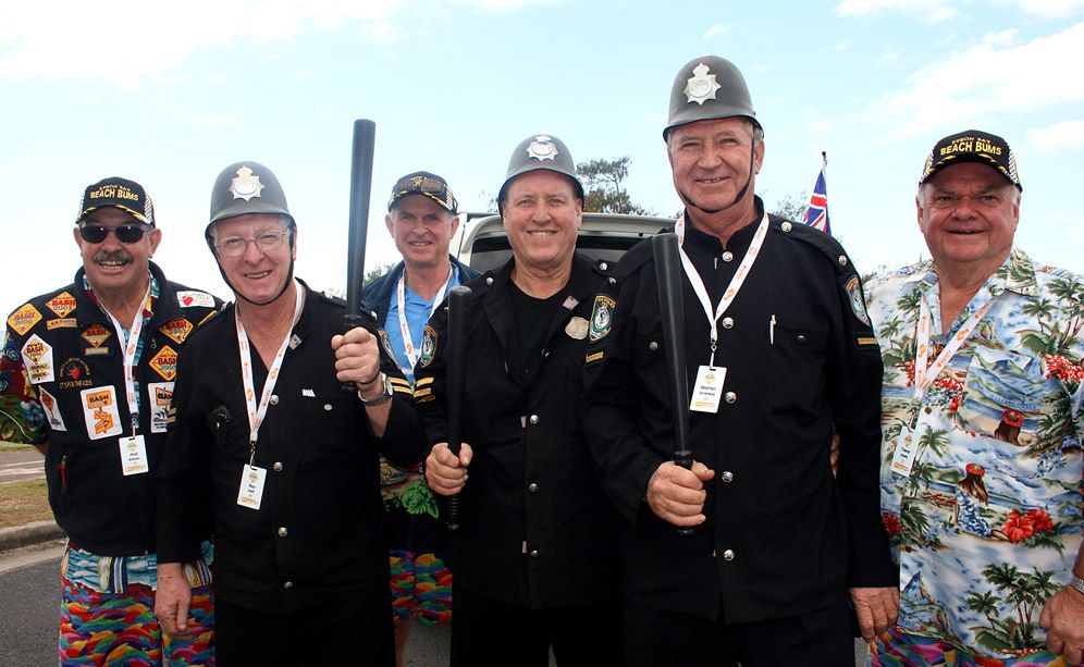 Celebrating the end of the Bash in Byron Bay on Monday are members of the Byron Bay Beach Bums and the Keystone Cops (from left) Phil Batson, Roy Hart, Ray Crandell, Bruce Maxwell, Warren Simmons and Trevor Watts. Celebrating the end of the Bash in Byron Bay on Monday are members of the Byron Bay Beach Bums and the Keystone Cops (from left) Phil Batson, Roy Hart, Ray Crandell, Bruce Maxwell, Warren Simmons and Trevor Watts.