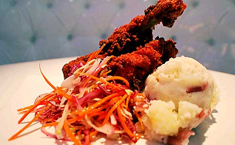 Red velvet fried chicken, made from cupcake batter. Red velvet fried chicken, made from cupcake batter.