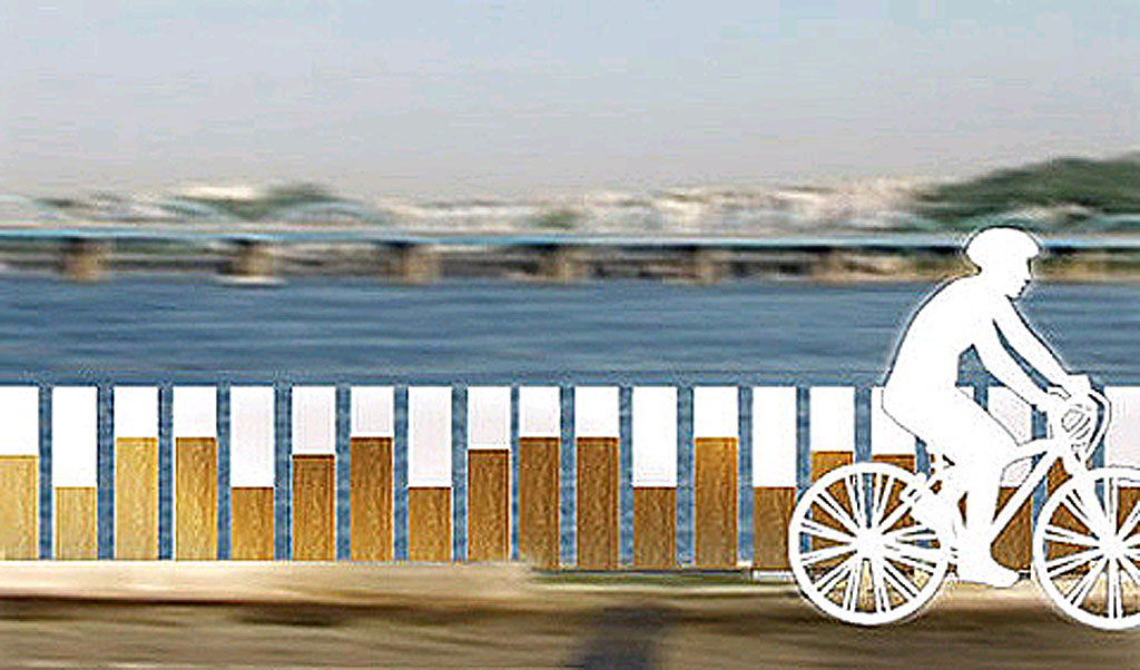 A bike path in Seoul is made of planks of wood of varying lengths that trigger little hammers when people ride over them, creating percussive notes. A bike path in Seoul is made of planks of wood of varying lengths that trigger little hammers when people ride over them, creating percussive notes.