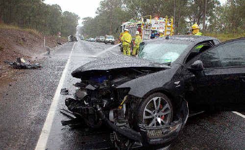 This two-car accident 10km south of Maryborough held up traffic on the Bruce Highway for two hours. This two-car accident 10km south of Maryborough held up traffic on the Bruce Highway for two hours.