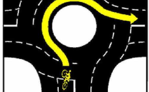 Cyclists may turn right from the right lane of two-lane roundabouts. Cyclists may turn right from the right lane of two-lane roundabouts.