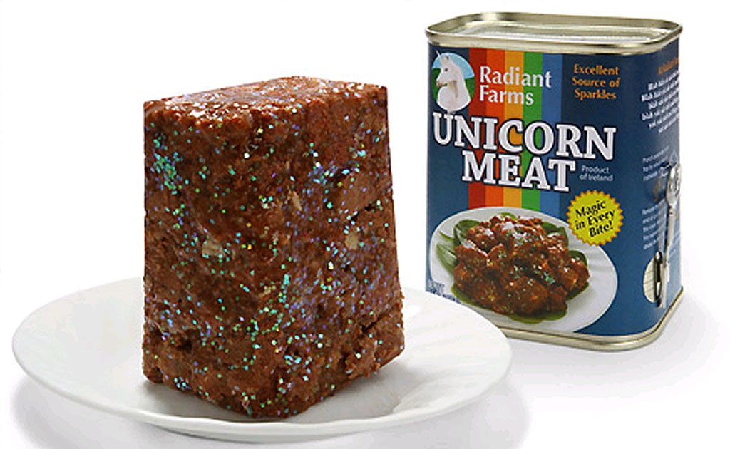 ThinkGeek's special Canned Unicorn Meat, which features 'magic in every bite' and is an 'excellent source of sparkles'. ThinkGeek's special Canned Unicorn Meat, which features 'magic in every bite' and is an 'excellent source of sparkles'.