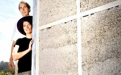 Alternative builders Patricia Schmidt and Graham Sippo of Larnook using secret hemp mixture to fill the wall cavities of their home before rendering it to improve its liveability. Alternative builders Patricia Schmidt and Graham Sippo of Larnook using secret hemp mixture to fill the wall cavities of their home before rendering it to improve its liveability.