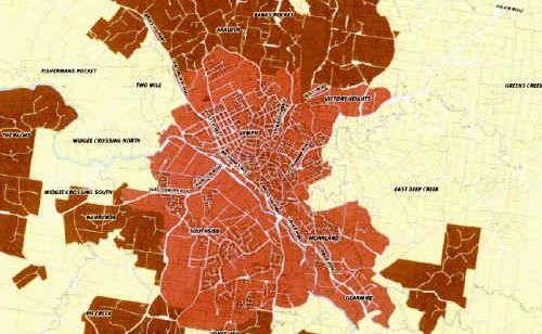 Gympie’s urban area, with neighbouring Rural Living areas and surrounding protected districts. Gympie’s urban area, with neighbouring Rural Living areas and surrounding protected districts.