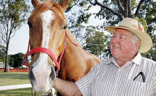 READY FOR RACING: Torbanlea Picnic Races chief steward Eddie Broome checks out five-year-old Zyrtec at the track. READY FOR RACING: Torbanlea Picnic Races chief steward Eddie Broome checks out five-year-old Zyrtec at the track.