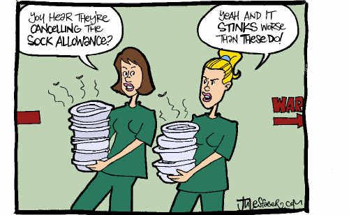 Nurses are not happy that the health service is about to drop their sock allowance. Nurses are not happy that the health service is about to drop their sock allowance.