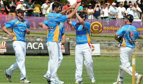 Troy Ashton celebrates after claiming his first wicket in the Twenty20 match against the ACA Masters at Albert Park. Troy Ashton celebrates after claiming his first wicket in the Twenty20 match against the ACA Masters at Albert Park.