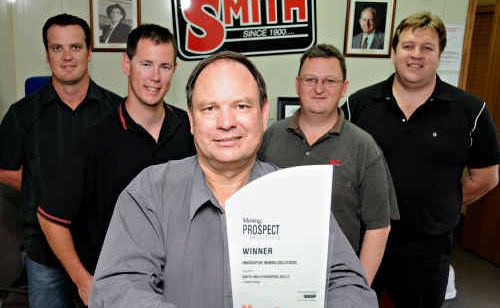 Gympie’s J Smith and Sons had a major win at the 7th Annual Australian Mining Prospect Awards on Thursday night with the Smith Mk4 Hydrapede. Pictured (from left): is Ben Doolan, Brett Best, Kerren Smith, Kevin McDonnell and Gustav Du Plessis. Gympie’s J Smith and Sons had a major win at the 7th Annual Australian Mining Prospect Awards on Thursday night with the Smith Mk4 Hydrapede. Pictured (from left): is Ben Doolan, Brett Best, Kerren Smith, Kevin McDonnell and Gustav Du Plessis.