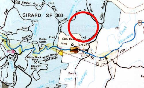 Circled in red is the area where White Rock Minerals is currently drilling for gold, silver and copper, near Drake. Circled in red is the area where White Rock Minerals is currently drilling for gold, silver and copper, near Drake.