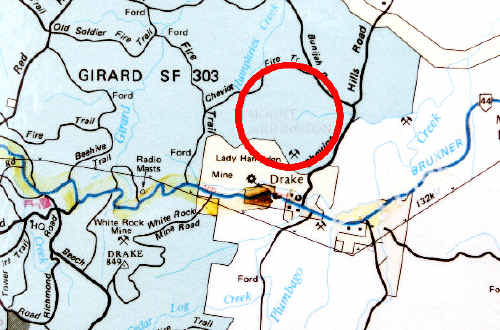 Circled in red is the area where White Rock Minerals is currently drilling for gold, silver and copper, near Drake. Circled in red is the area where White Rock Minerals is currently drilling for gold, silver and copper, near Drake.
