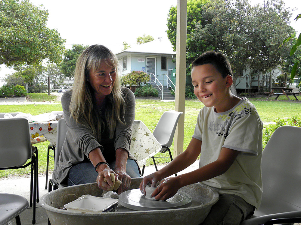 Rowena Coxwell joins one of her pottery students from the Monday disability group at the Drill Hall. Rowena Coxwell joins one of her pottery students from the Monday disability group at the Drill Hall.