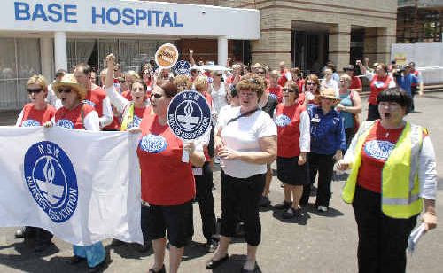 Nurses in the region will take industrial action tomorrow to force the State Government to introduce minimum nurse-to-patient ratios. Nurses are pictured protesting outside Lismore Base Hospital last year. Nurses in the region will take industrial action tomorrow to force the State Government to introduce minimum nurse-to-patient ratios. Nurses are pictured protesting outside Lismore Base Hospital last year.