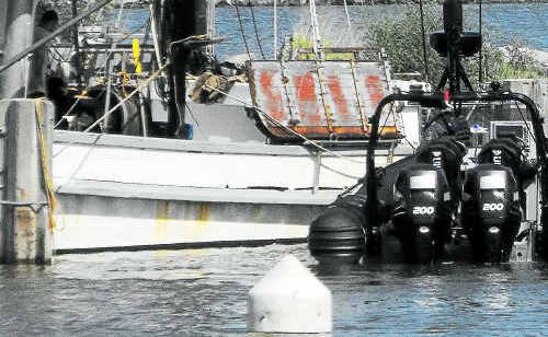 The trawler Kay Bee moored at Iluka Boat Harbour after the nine-hour open ocean pursuit by water police. The trawler Kay Bee moored at Iluka Boat Harbour after the nine-hour open ocean pursuit by water police.