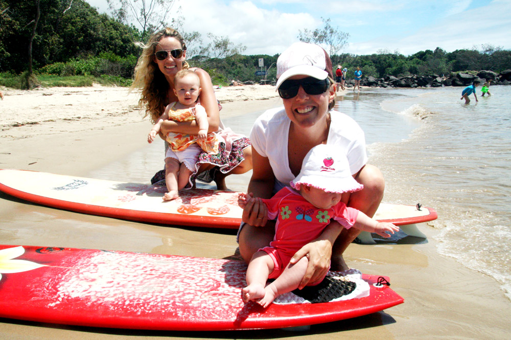 Jess Nock with Leila (6 months) and Surfing Mums Brunswick Heads co-ordinator Emma Waters with Mali (6 months) met at Torakina last Thursday. Jess Nock with Leila (6 months) and Surfing Mums Brunswick Heads co-ordinator Emma Waters with Mali (6 months) met at Torakina last Thursday.