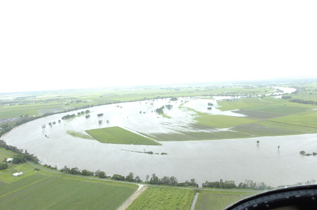Flooding south-west of Lismore including Woodburn, Coraki and Tatham where floodwaters have inundated farmland.
Flooding south-west of Lismore including Woodburn, Coraki and Tatham where floodwaters have inundated farmland.