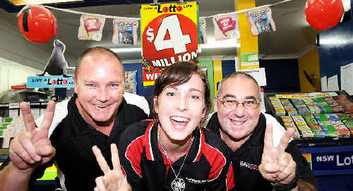 Celebrating the sale of a $2million ticket from Scott’s News @ Molesworth Street, Lismore are owner Keiran Scott, left, sales assistant Courtney Manning and manager Micheal Smith. Celebrating the sale of a $2million ticket from Scott’s News @ Molesworth Street, Lismore are owner Keiran Scott, left, sales assistant Courtney Manning and manager Micheal Smith.