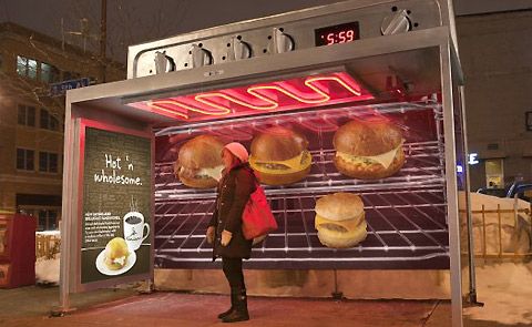 This Minneapolis bus shelter promotes Caribou Coffee’s new hot breakfast sandwiches. This Minneapolis bus shelter promotes Caribou Coffee’s new hot breakfast sandwiches.