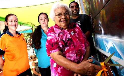 Art opening: Aunty Kath unveils the mural with, from right, Robert Appo, Karly Hawkins and Karen Powell. Art opening: Aunty Kath unveils the mural with, from right, Robert Appo, Karly Hawkins and Karen Powell.