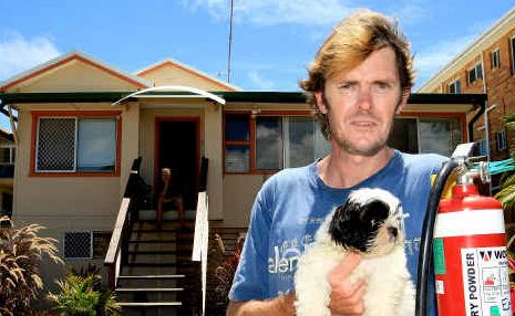Fast thinker Christopher McCure with dog Sammy escaped the potential fire disaster. Fast thinker Christopher McCure with dog Sammy escaped the potential fire disaster.
