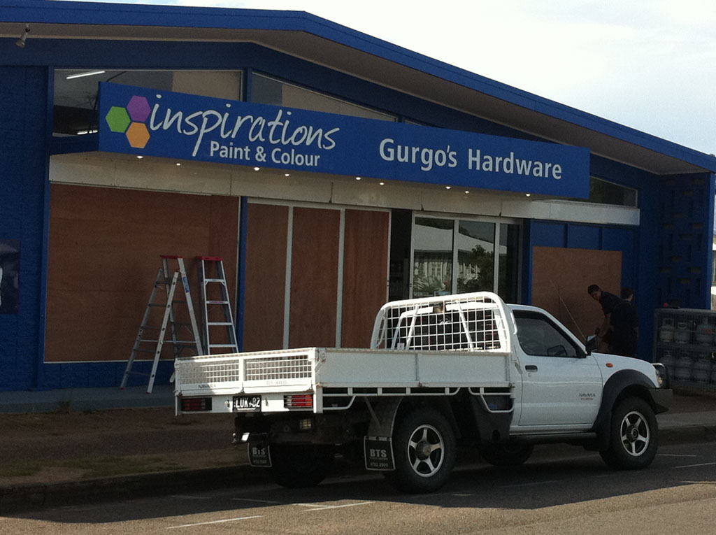 A business in Ayr prepares for Cyclone Yasi. A business in Ayr prepares for Cyclone Yasi.