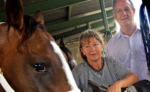 Trainer Amanda Bell and Destination Tweed CEO Phil Villiers with Desert Tyme ahead of Destination Tweed Race Day. Trainer Amanda Bell and Destination Tweed CEO Phil Villiers with Desert Tyme ahead of Destination Tweed Race Day.