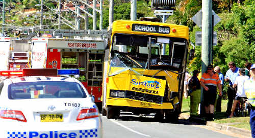 A school bus crashed into a car on Ducat Street yesterday afternoon causing injury to some students. A school bus crashed into a car on Ducat Street yesterday afternoon causing injury to some students.