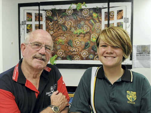 Winner of the auction Trevor Bishop and artist Chern’ee Sutton in front of the piece auctioned for flood relief. Winner of the auction Trevor Bishop and artist Chern’ee Sutton in front of the piece auctioned for flood relief.