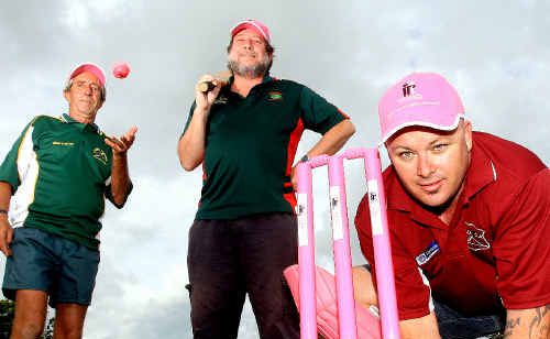 Cudgen’s John King, Murwillumbah’s Alf Stone and Terranora’s Ian Rowlings wear pink ahead of the Pink Stumps Day. Cudgen’s John King, Murwillumbah’s Alf Stone and Terranora’s Ian Rowlings wear pink ahead of the Pink Stumps Day.