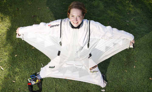 Kirsten Moriarty tries on a wing-diving suit in readiness for when she can return to her loved sport of sky diving. She has spent seven months recovering from a near-death parachuting accident. Kirsten Moriarty tries on a wing-diving suit in readiness for when she can return to her loved sport of sky diving. She has spent seven months recovering from a near-death parachuting accident.