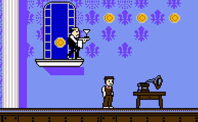 Nick Carraway takes on some diabolical waiters at Gatsby's pixelated house in The Great Gatsby on NES web-based game. Nick Carraway takes on some diabolical waiters at Gatsby's pixelated house in The Great Gatsby on NES web-based game.