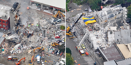 Aerial views of the destroyed CTV building, left, and the Pyne Gould Guinness building. Photos / Sarah Ivey, Mark Mitchell Aerial views of the destroyed CTV building, left, and the Pyne Gould Guinness building. Photos / Sarah Ivey, Mark Mitchell