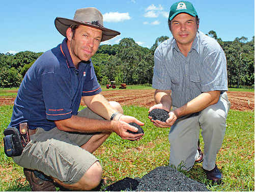 Biochar researcher Dr Lukas Van Zwieten (right) and senior technical officer Josh Rust with a handful of the black gold. Biochar researcher Dr Lukas Van Zwieten (right) and senior technical officer Josh Rust with a handful of the black gold.