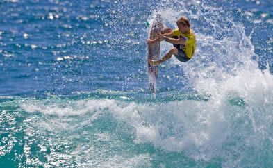 Josh Kerr displays his aerial skills during his opening round win at the Quiksilver Pro. Josh Kerr displays his aerial skills during his opening round win at the Quiksilver Pro.