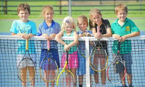 Noah Fahey, 6, Lily Allen, 8, Josie Bindon, 5, Mikayla Chambers-Ward, 5, Grace Ford, 8, and Jack Ford, 6, get ready for the Grafton District Tennis Association’s open day. Noah Fahey, 6, Lily Allen, 8, Josie Bindon, 5, Mikayla Chambers-Ward, 5, Grace Ford, 8, and Jack Ford, 6, get ready for the Grafton District Tennis Association’s open day.