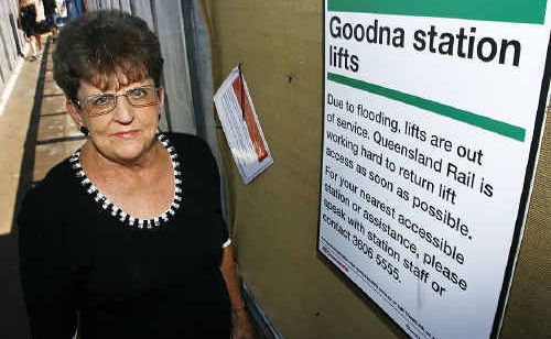 Joyce Cavanough finds Goodna train station’s unusable lift frustrating – a situation which will last for months. Joyce Cavanough finds Goodna train station’s unusable lift frustrating – a situation which will last for months.