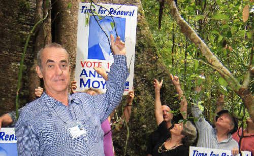 Labor challenger for the seat of Lismore Andrew Moy at his Murwillumbah campaign launch in forest west of Mt Warning. Labor challenger for the seat of Lismore Andrew Moy at his Murwillumbah campaign launch in forest west of Mt Warning.