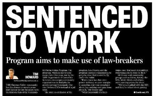 The Daily Examiner’s story about people on community service orders being used to do jobs similar to those on periodic detention. The Daily Examiner’s story about people on community service orders being used to do jobs similar to those on periodic detention.