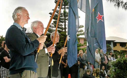 Flag bearers Warren Holloway, John O’Callaghan and Con Chatham at the Bargara Anzac Day Ceremony last year. Flag bearers Warren Holloway, John O’Callaghan and Con Chatham at the Bargara Anzac Day Ceremony last year.