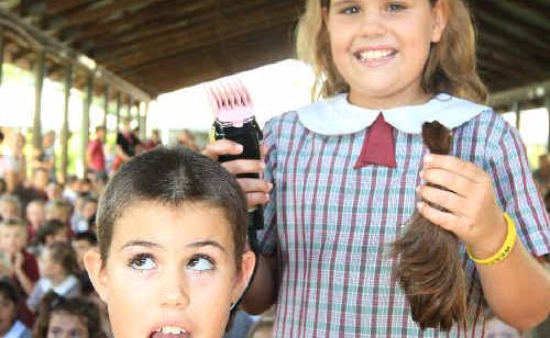 Twin sisters Jassmin (seated) and Lucie Jones-Calvert shave their heads for charity at St James Primary School, Banora Point. Twin sisters Jassmin (seated) and Lucie Jones-Calvert shave their heads for charity at St James Primary School, Banora Point.