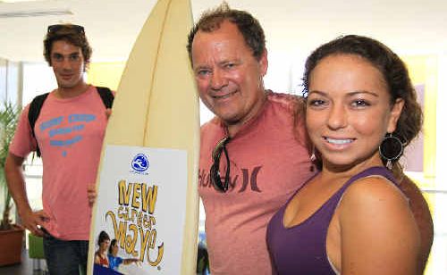 Trystan Mullins and Mia Melamed with 1974 world surfing champion Peter Townend. Trystan Mullins and Mia Melamed with 1974 world surfing champion Peter Townend.