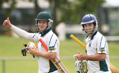 Tait Burns and Nick Gray celebrate Cudgen’s semi-final victory yesterday. Tait Burns and Nick Gray celebrate Cudgen’s semi-final victory yesterday.