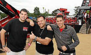 Trying out the new Aussie World Giant Redback ride are Nolan Libero (left), Robb Alvey and Douglas Akers. Trying out the new Aussie World Giant Redback ride are Nolan Libero (left), Robb Alvey and Douglas Akers.