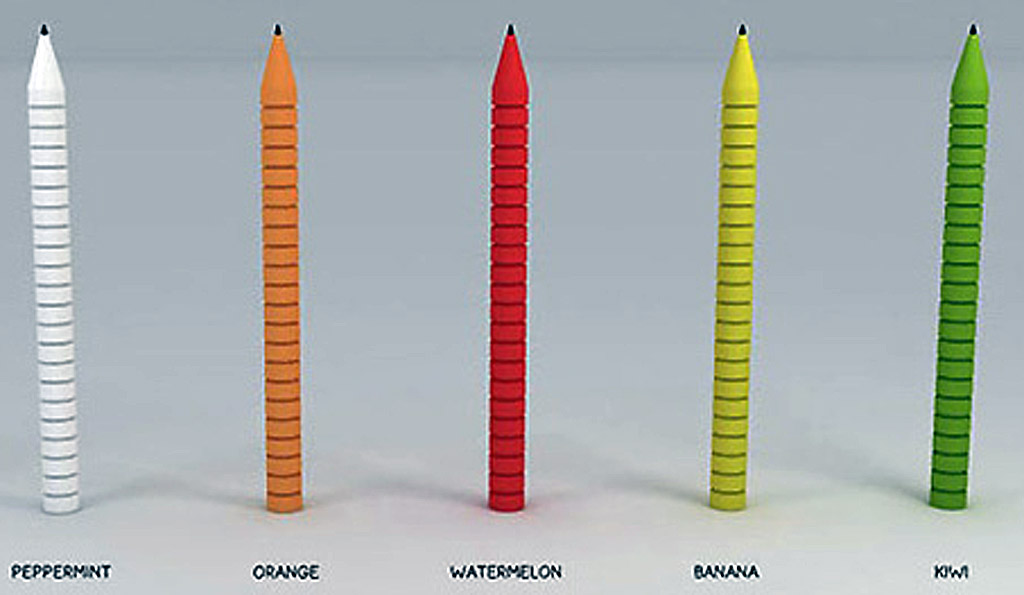 The pens consist of twenty-two pieces of chewy candy pieces in a range of flavours like watermelon, kiwi and banana. The pens consist of twenty-two pieces of chewy candy pieces in a range of flavours like watermelon, kiwi and banana.