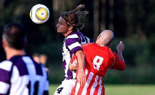 Pottsville’s Josh Boag wins the battle for the ball during the Premier League clash against Workers on Saturday. Pottsville’s Josh Boag wins the battle for the ball during the Premier League clash against Workers on Saturday.