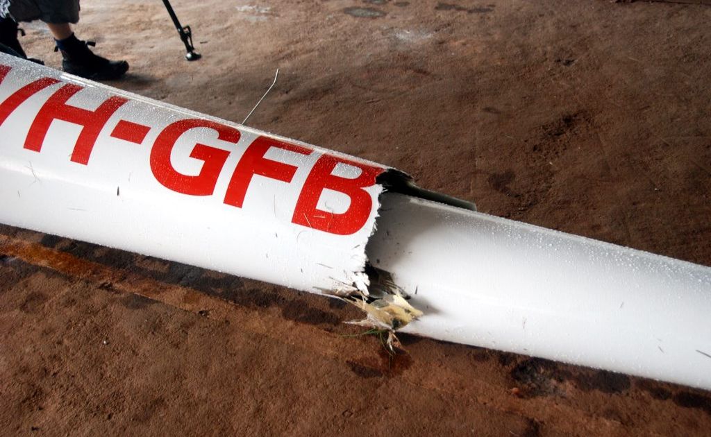 Gympie Soaring Club's dual seat glider an ASK 21 was extensively damaged in the crash at Kybong Airport Sunday afternoon. Gympie Soaring Club's dual seat glider an ASK 21 was extensively damaged in the crash at Kybong Airport Sunday afternoon.