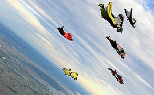 Elite Wingsuit Skydivers in action in the skies above Brisbane recently. Elite Wingsuit Skydivers in action in the skies above Brisbane recently.