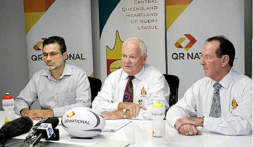 Tony Lucas of QR National, CQ NRL Bid chairman Geoff Murphy and CEO Denis Keeffe announce setting up QR National Schools Program. Tony Lucas of QR National, CQ NRL Bid chairman Geoff Murphy and CEO Denis Keeffe announce setting up QR National Schools Program.