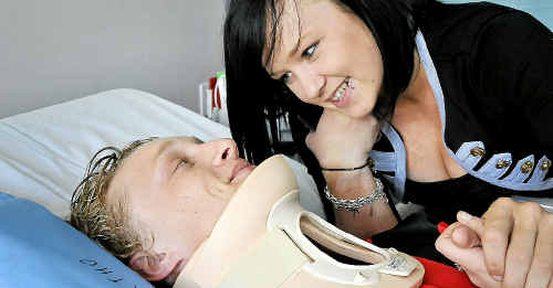 Jack Bishop is supported by older sister Tegan at the Toowoomba Hospital yesterday after he was injured in a TRL under 18s game between Valleys and Wattles at Clifton’s Platz Oval on Sunday. Jack Bishop is supported by older sister Tegan at the Toowoomba Hospital yesterday after he was injured in a TRL under 18s game between Valleys and Wattles at Clifton’s Platz Oval on Sunday.