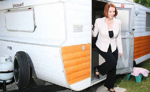 Julia Gillard drops by a flood victim’s caravan in Goodna. Julia Gillard drops by a flood victim’s caravan in Goodna.