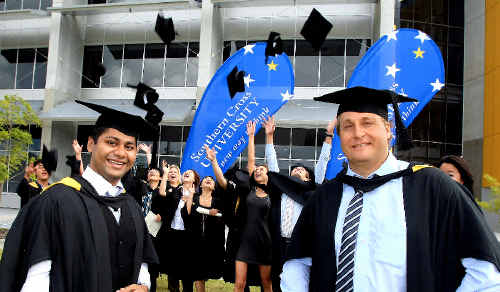 International SCU students Vibert Fernandes and Thomas Moll celebrate their graduation ceremony. International SCU students Vibert Fernandes and Thomas Moll celebrate their graduation ceremony.